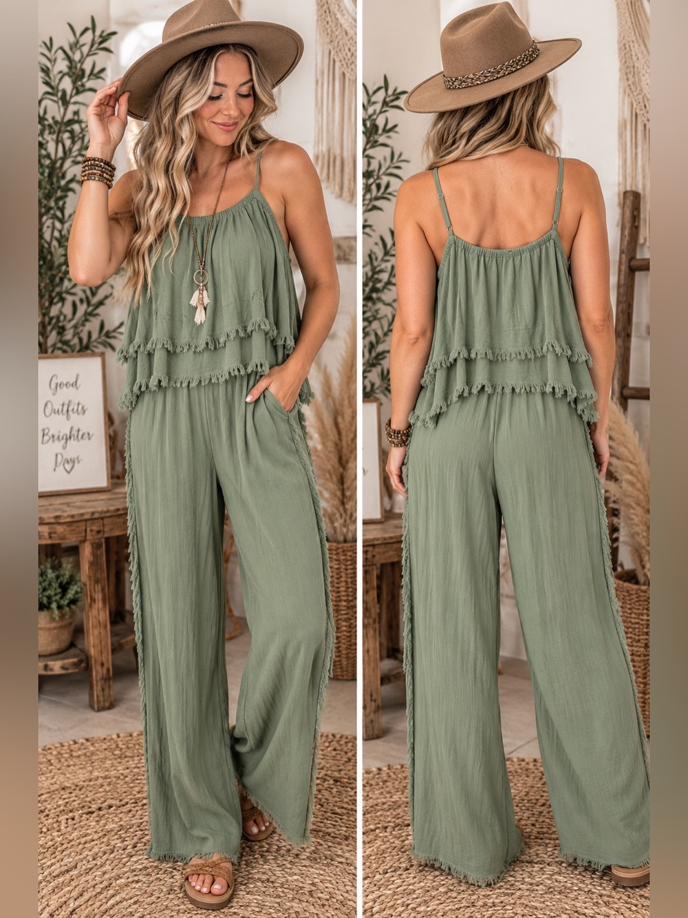 Umgee Olive Green Tiered Ruffle Wide-Leg Jumpsuit